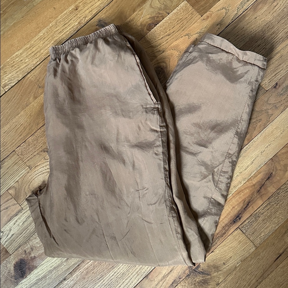 100% Silk Pants Vintage Carolina Bay Tan Tapered Leg Elastic Large Gold Tan